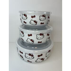 HELLO KITTY Red Bows Ceramic Covered Nesting Bowls With Lids 3pc Set NWT